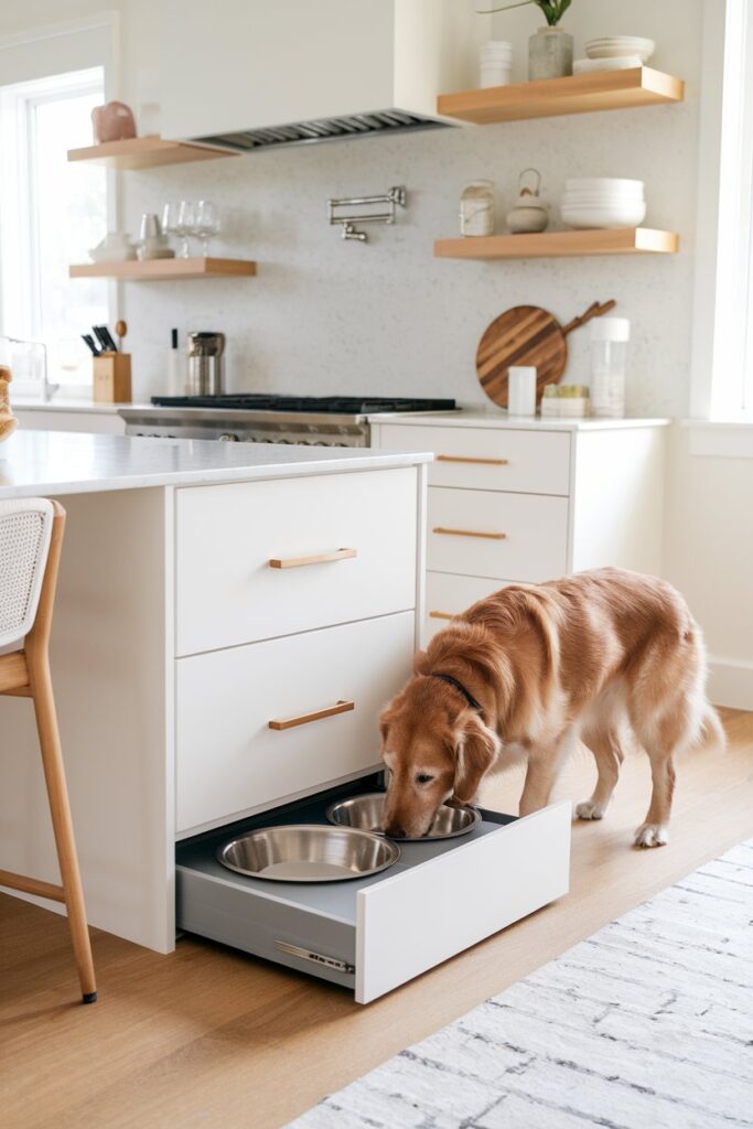 Pet-Friendly Home Decor feeder hidden toe-kick drawer at dog-height with soft-close slides and quartz countertop splashback.