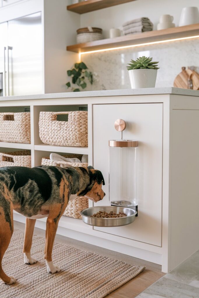Pet-Friendly Home Decor treat station with BPA-free acrylic kibble dispenser inset into a matte-white island and a non-slip pull-out tray.