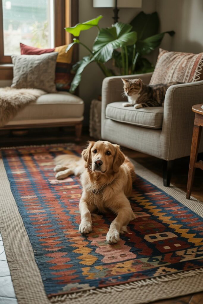 Pet-friendly Kilim rugs with reversible designs, perfect for adding color and culture to living spaces with cats and dogs.