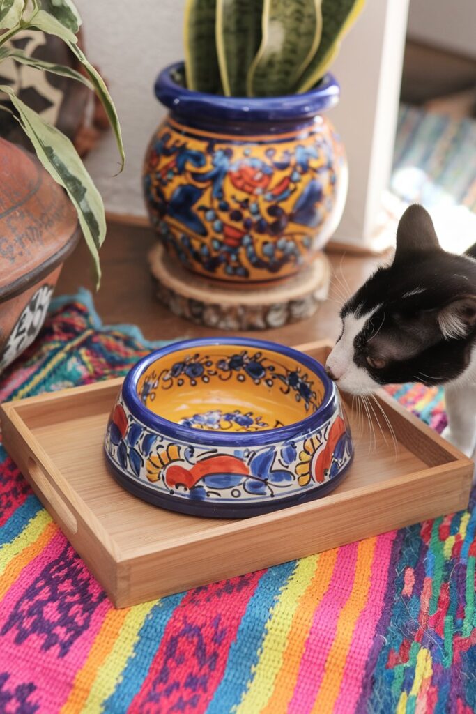 Pet-friendly Talavera ceramic feeding bowls, lead-free and food-safe, perfect for ethnic and boho home decor lovers.