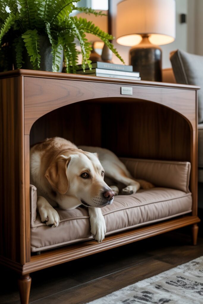 Pet-friendly furniture sleek console end table housing a comfortable dog suite with hidden vents and washable liner.