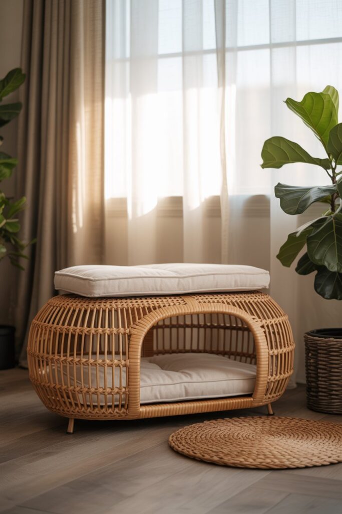 Pet-friendly home décor multifunctional rattan ottoman hides a cozy dog bed inside