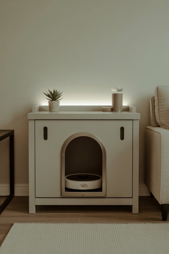 Pet organization ideas shaker-style cabinet concealing a self-cleaning Litter-Robot at cat-door height for sleek décor.