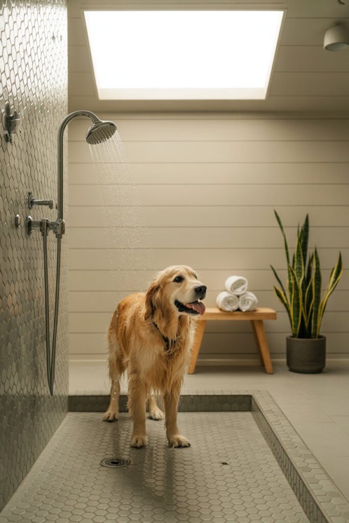 Pet-scaled shower stall featuring a chrome handheld sprayer, frameless glass panel, and recessed channel drain