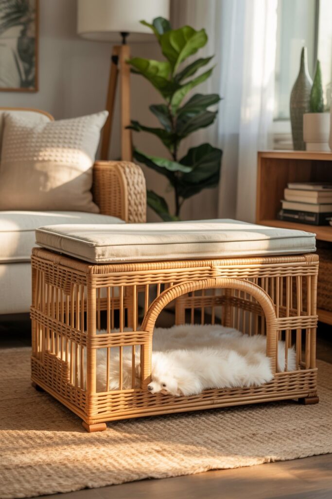 Rattan-wrapped crate ottoman with cushioned top — stylish Pet-Friendly Furniture solution