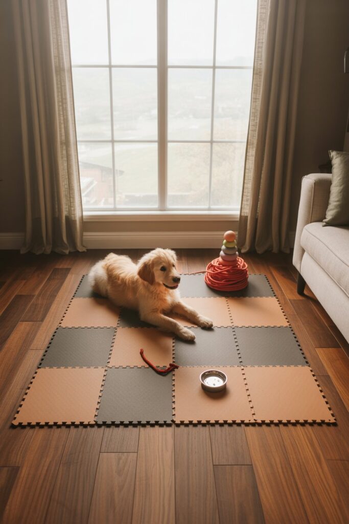 Roll-up pet mat zone over hardwood floors—easy-clean Pet-Friendly Home Decor hack”