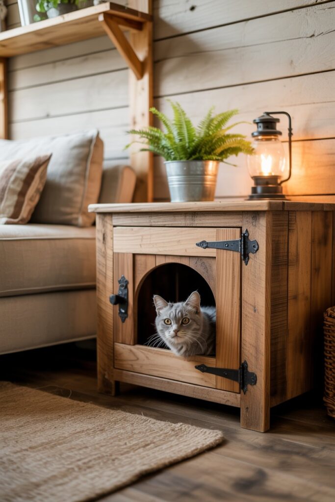 Rustic litter box enclosure that blends with farmhouse-style home decor