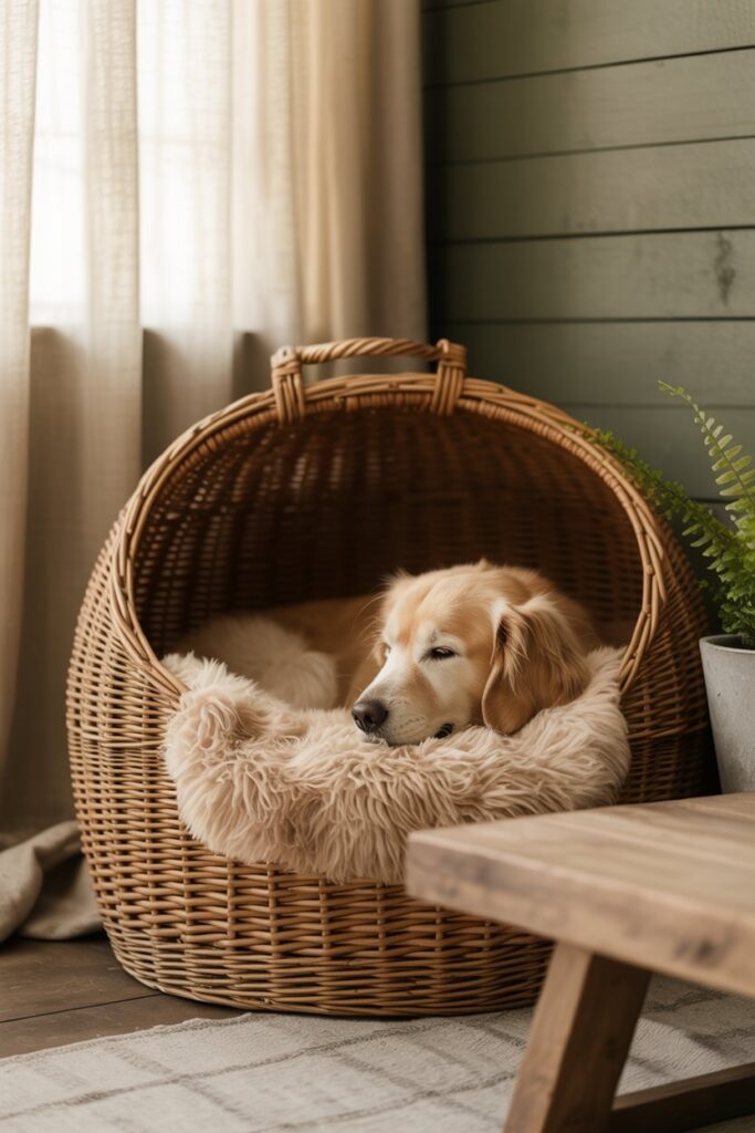 Rustic pet bed made from vintage wicker basket with faux sheepskin for farmhouse homes