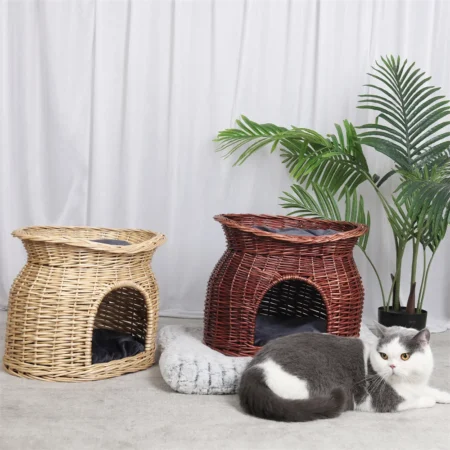 Stylish bohemian rattan cat house with cozy pet cushions