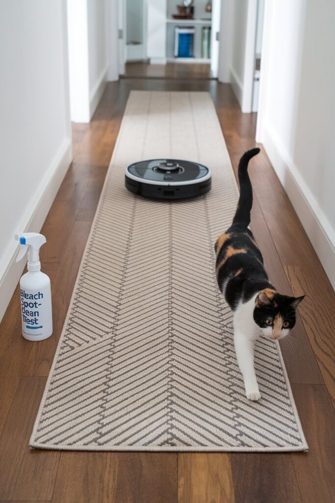 Sand-and-charcoal olefin rug on walnut floor—Performance Fabric Rug Idea for pet owners