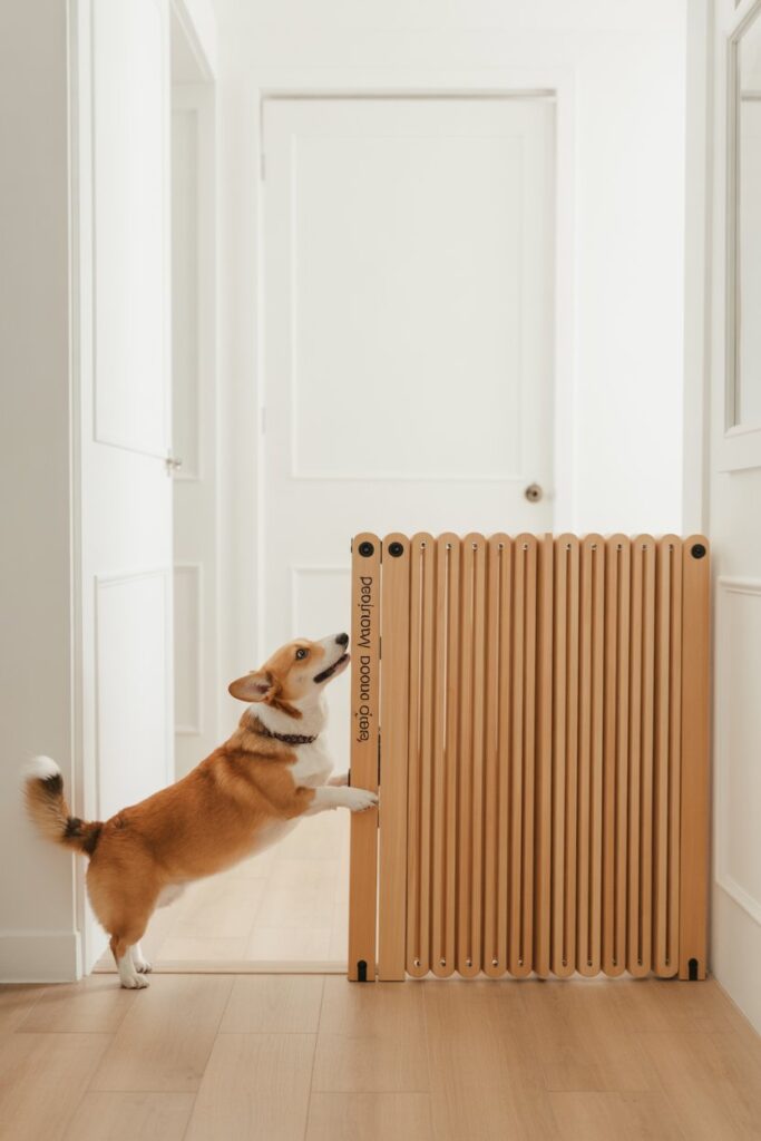 Scandi-style accordion dog gate in a 32″ doorway—no-drill Pet Organization Idea with tension rods