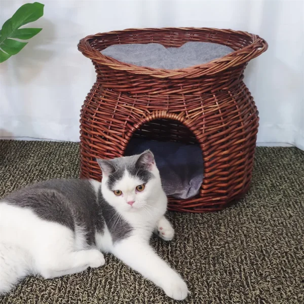 Comfortable two-tier wicker cat lounge with cushioned resting spots