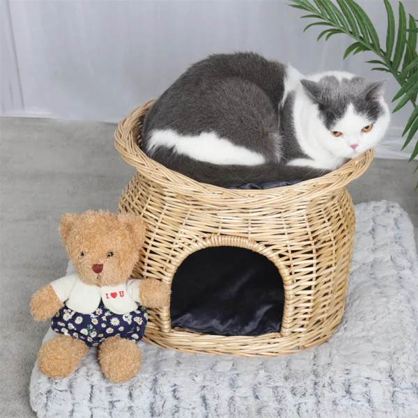 Durable woven wicker cat bed with washable cushion mats