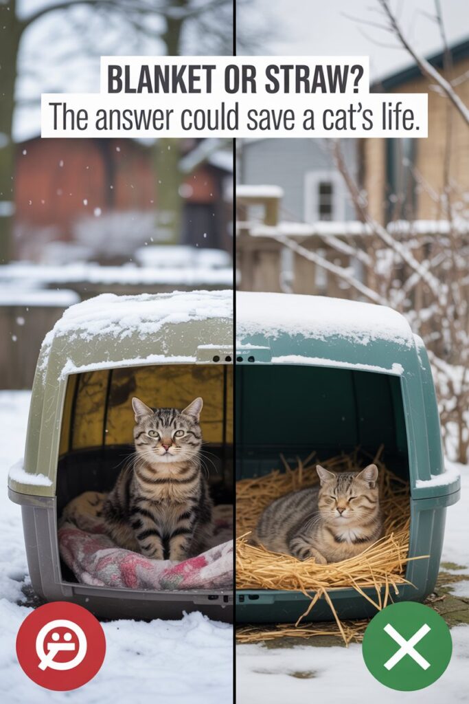 Side-by-side image comparing straw-lined and blanket-lined feral cat shelters for winter care.