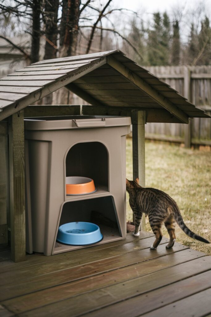 DIY outdoor feeding station made from a plastic bin to keep food dry and accessible for feral cats.