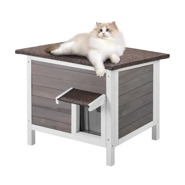 Sloped roof outdoor cat shelter with rainproof eaves detail