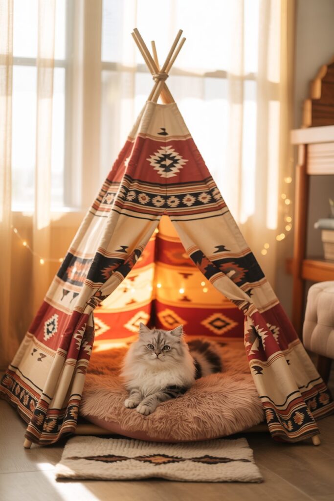 Small cat relaxing inside an ethnic-patterned pet canopy with geometric designs, blending pet comfort and global style.