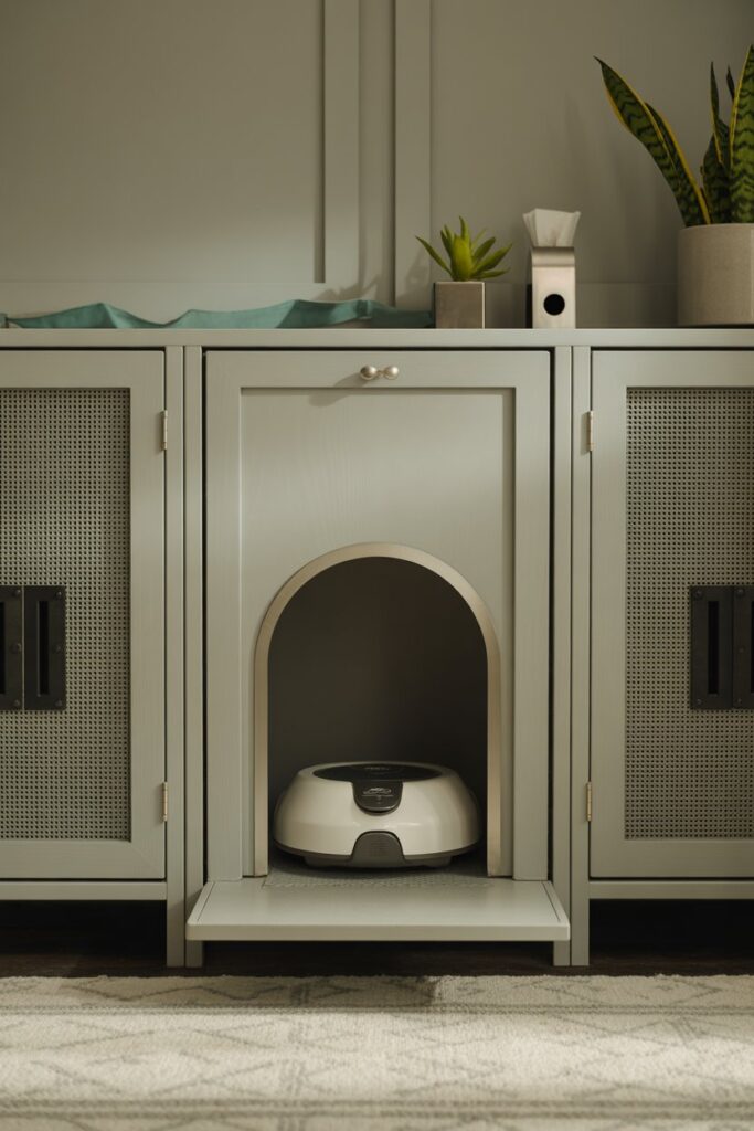 Smart pet home flush-mount litter-robot enclosure with magnetic latch, slot vents, and wipe-clean rubber mat.