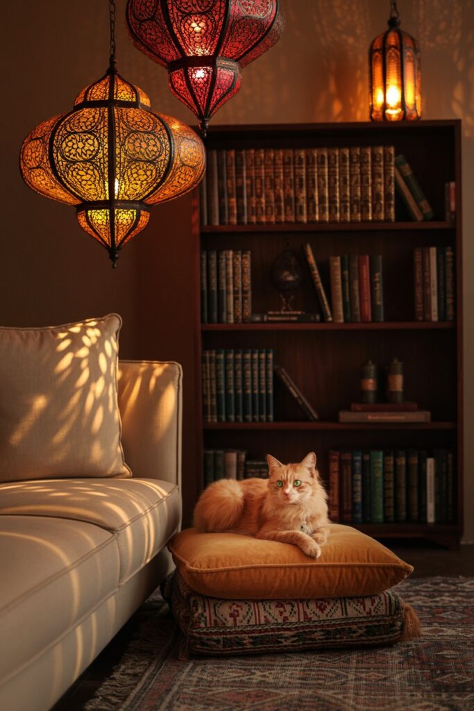 Soft glowing Moroccan lanterns hanging in a cozy living room, perfect for pet-friendly boho and ethnic style interiors.
