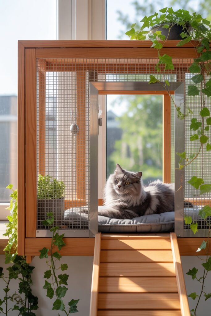 Spacious cedar-framed window-box catio with UV-stable mesh and tiered weather-resistant cushions—a premiere Catio Idea