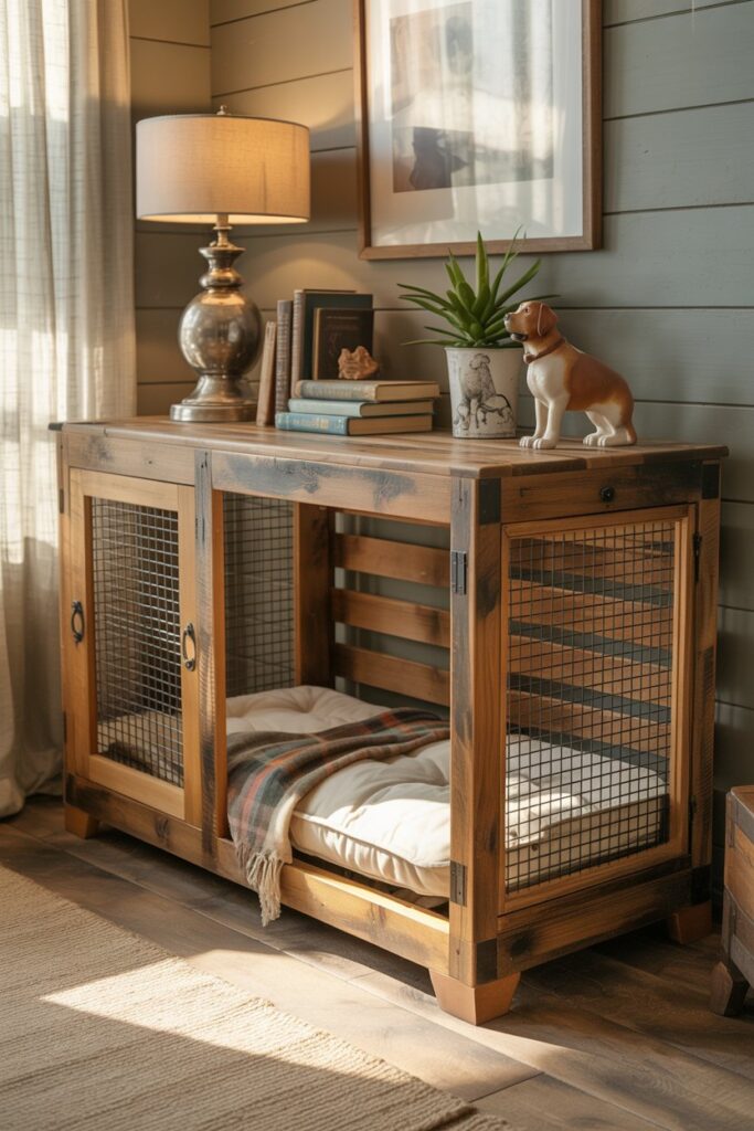 Spacious rustic dog crate made from upcycled cabinet with farmhouse decor, perfect for pet-friendly home design
