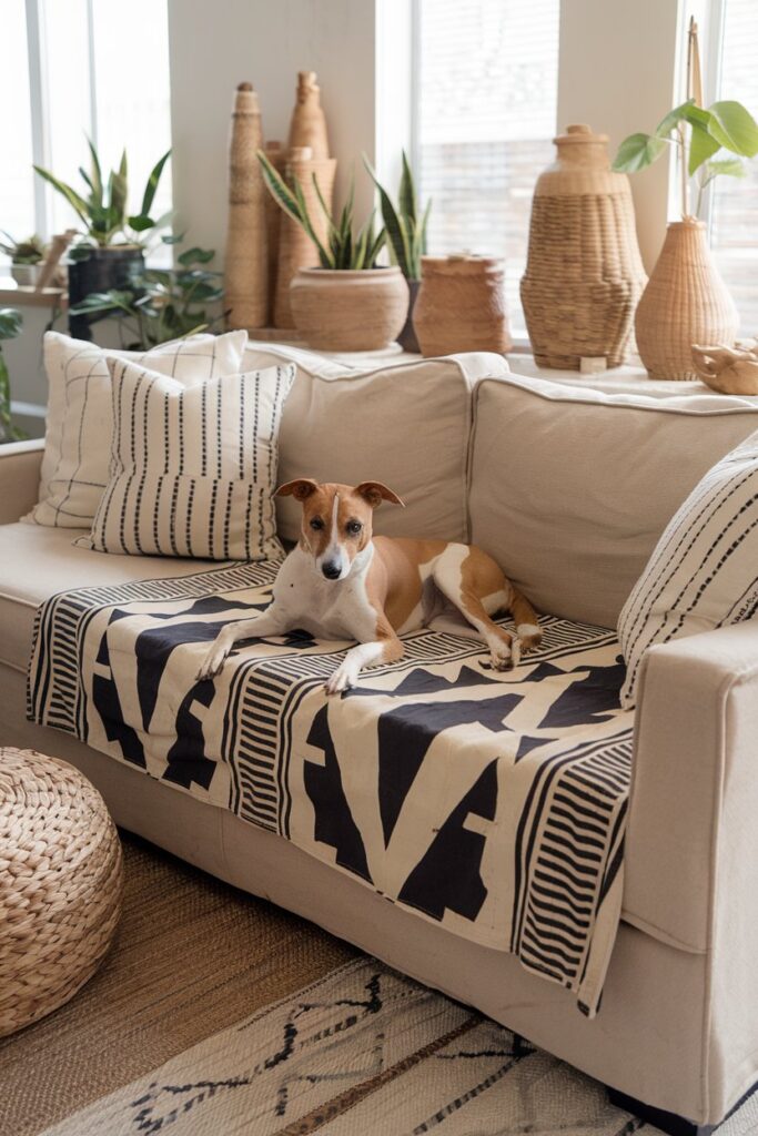 Stylish African mudcloth throw with bold patterns on a neutral sofa, protecting furniture from pet fur and adding boho charm to living room.
