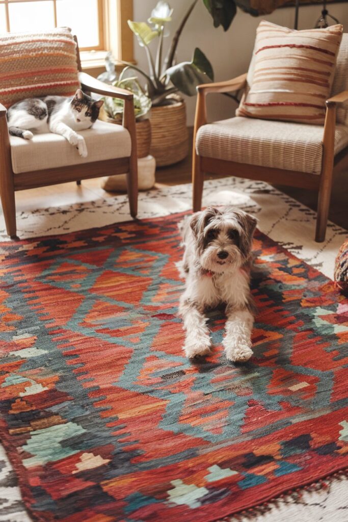 Stylish Kilim area rug in warm earthy tones, a durable and easy-to-clean option for homes with active pets and ethnic decor lovers.