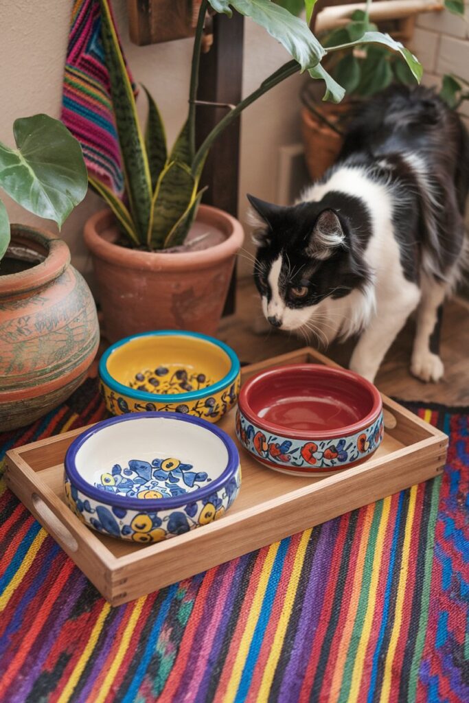 Stylish and functional Talavera ceramic pet bowls with vibrant colors, blending global design with everyday pet care.