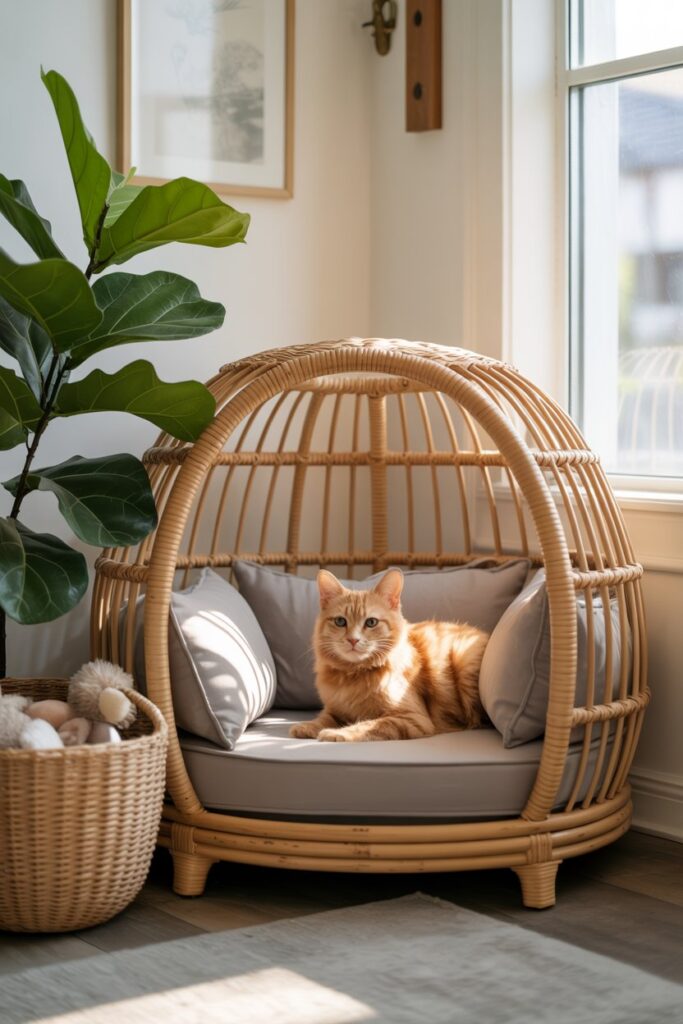 Stylish bamboo pet furniture blending Japanese and Balinese design, ideal for small spaces and homes with cats or small dogs.