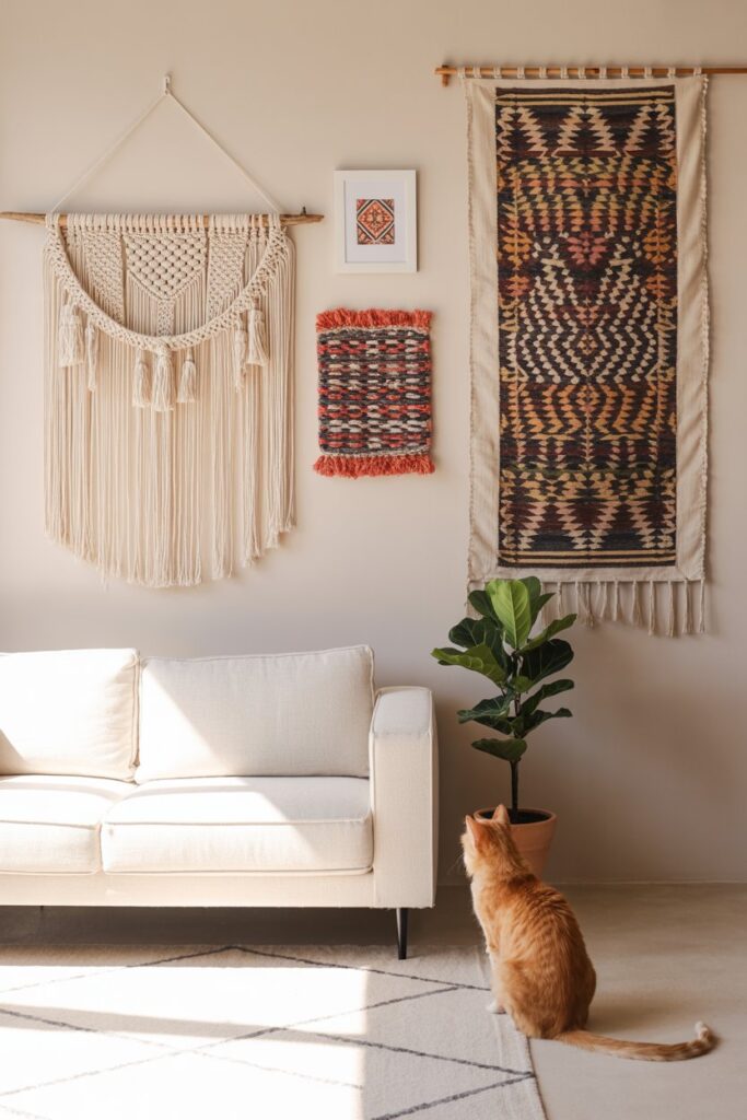 Stylish bohemian wall art display with tassels and beads, perfect for pet lovers wanting ethnic home decor that stays out of paw’s reach.