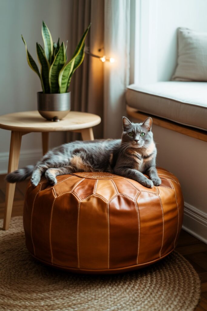 Stylish ethnic home decor featuring a durable Moroccan pouf used as a cat perch in a pet-friendly boho living space.