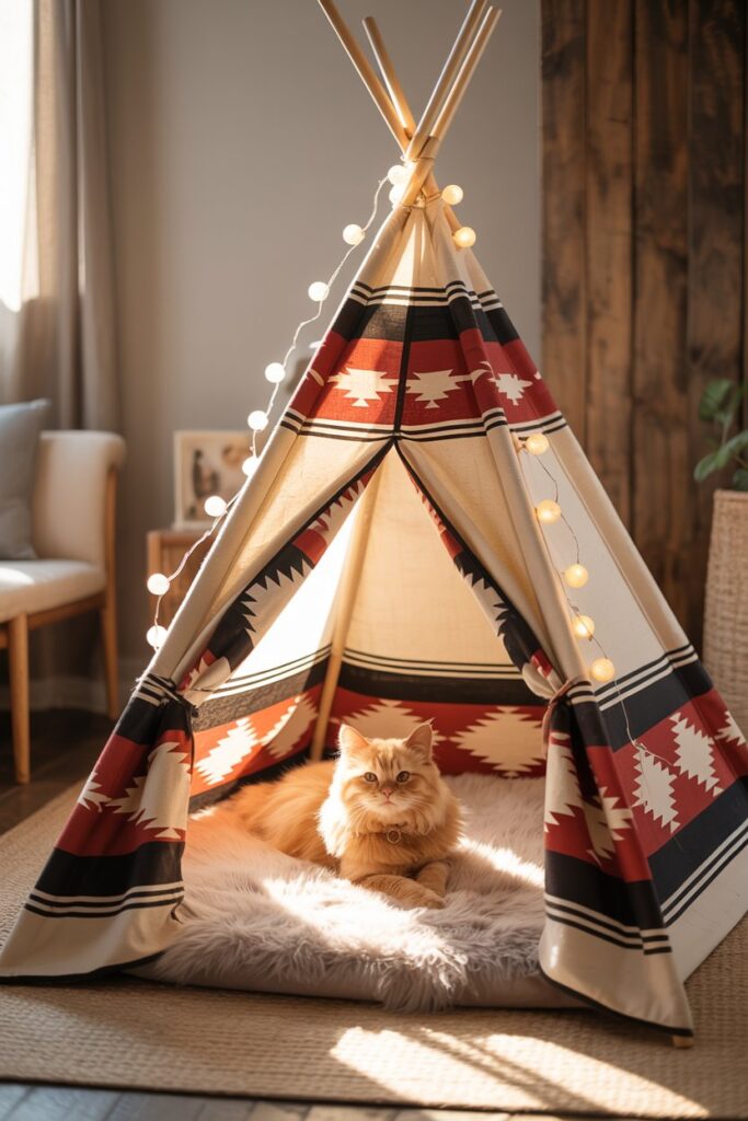 Stylish ethnic home decor with pet teepees featuring tribal prints, creating cozy hideouts for cats and dogs.