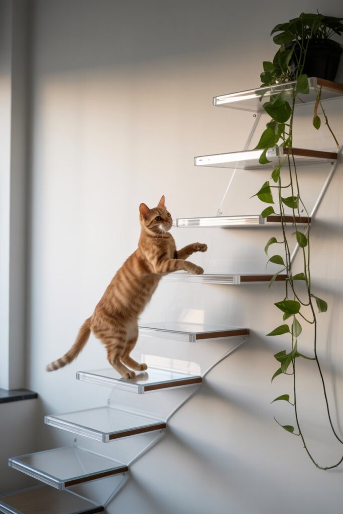 Transparent peel-and-stick cat steps on a gray wall—renter-friendly Cat Wall Idea using nano-tape