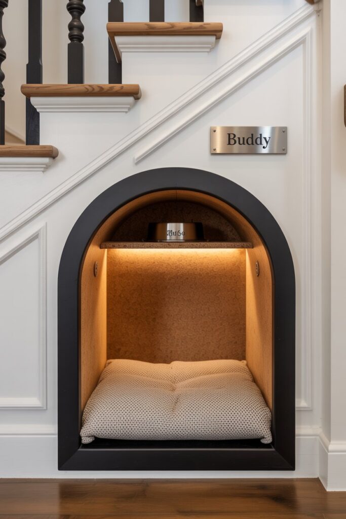 Under-stair pet suite with perforated steel door, motion-activated exhaust fan, and cork-lined walls for odor-controlled comfort.