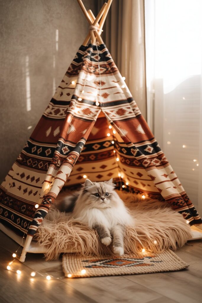 Unique pet teepee with Indian-inspired patterns and soft cushions, a perfect blend of functional and decorative pet furniture.