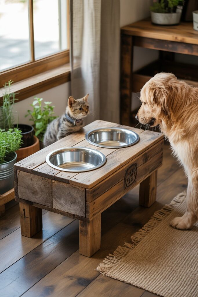 Upcycled pallet wood pet feeding station with metal bowls for cozy farmhouse style homes
