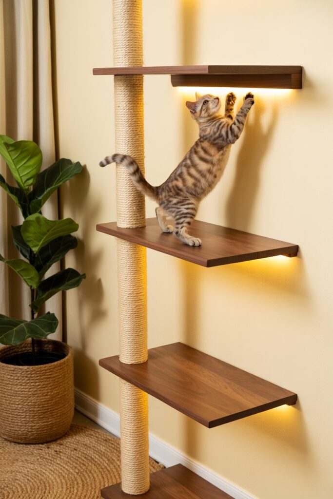Vertical cat shelf system floating walnut platforms and sisal-wrapped columns for a full-wall skywalk