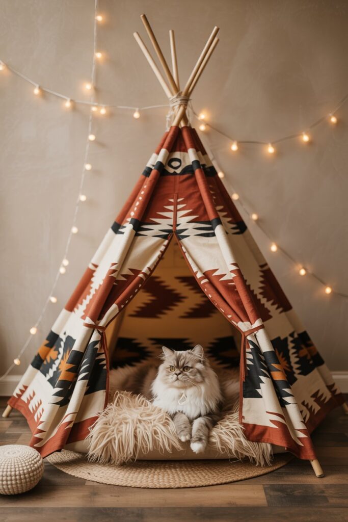 Vibrant Navajo print pet teepee providing a cozy and stylish sanctuary for pets in ethnic and bohemian home interiors.