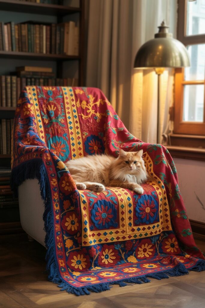Vibrant Uzbek Suzani throw protecting furniture from pet fur, ideal for boho and ethnic living rooms