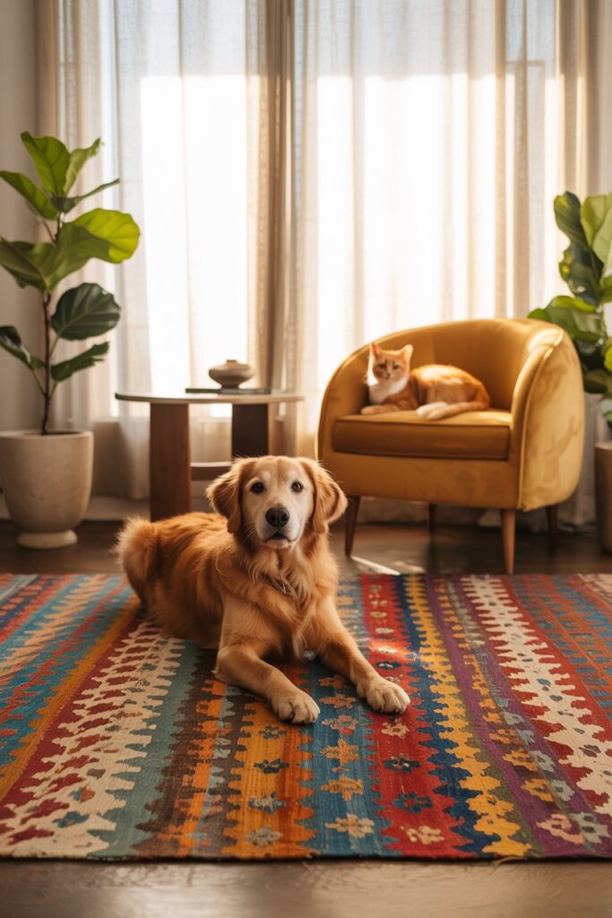 Vibrant ethnic-style Kilim rug that handles pet claws and adds global charm to boho and rustic home interiors.