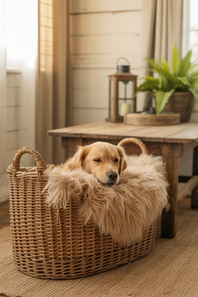 Vintage wicker pet bed with cushion for rustic living room or farmhouse entryway