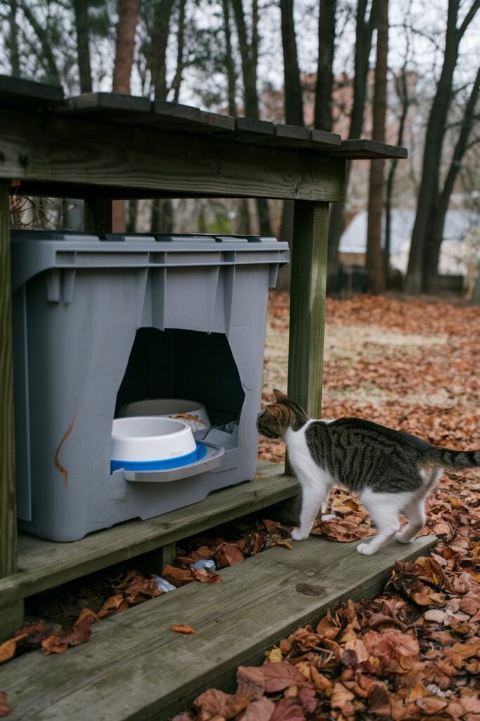 Feral cat cautiously approaching a DIY feeding station with dry food bowls under a protective roof.