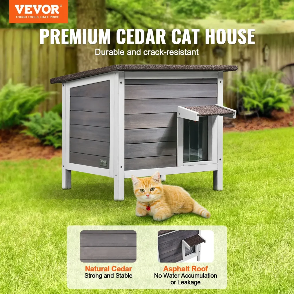 Weatherproof wooden outdoor cat house placed in a garden setting