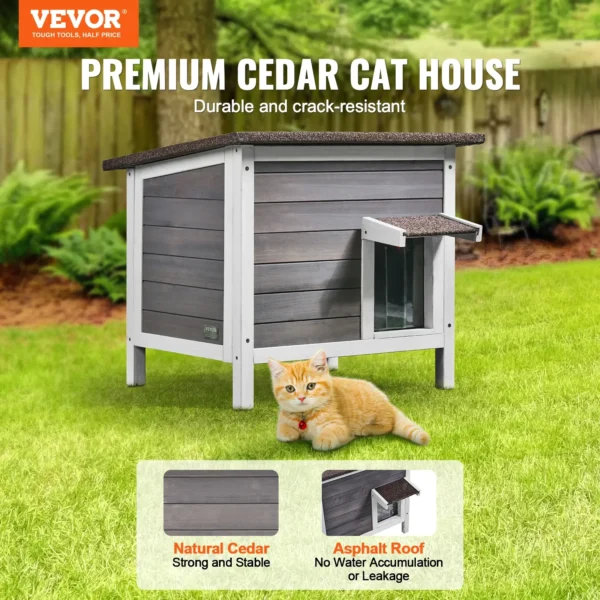 Weatherproof wooden outdoor cat house placed in a garden setting
