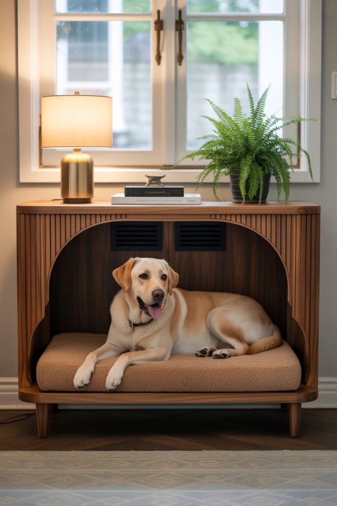 barkitecture idea integrated dog kennel sideboard blending Scandinavian styling, removable cushion, and discreet ventilation.
