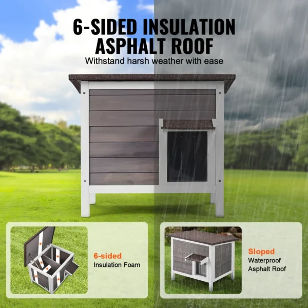 front view of insulated wooden cat house with weatherproof foot pads