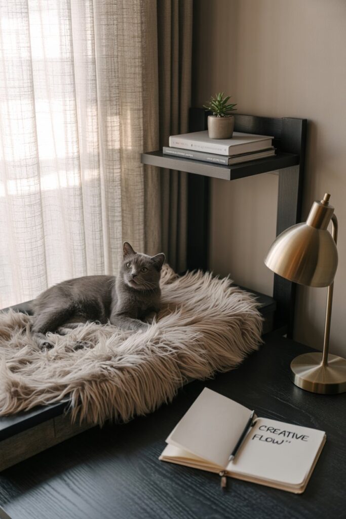 A cat sitting on a soft pad on a window seat in a cozy, modern home office.