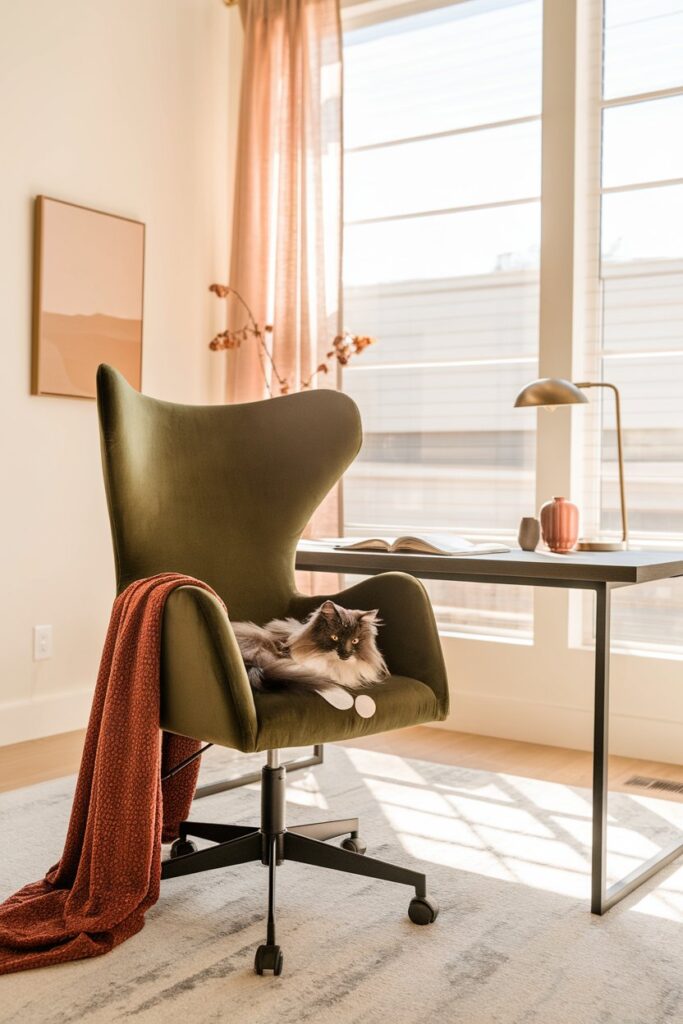 A cozy, pet-friendly home office featuring a sculptural chair in faux leather with a cat lounging comfortably.