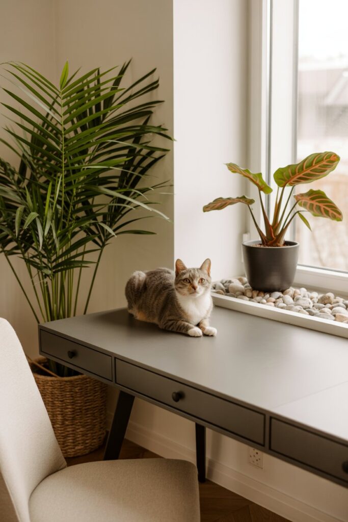 A pet-friendly home office featuring safe indoor plants like Calathea and Spider Plant with a cat lounging nearby.