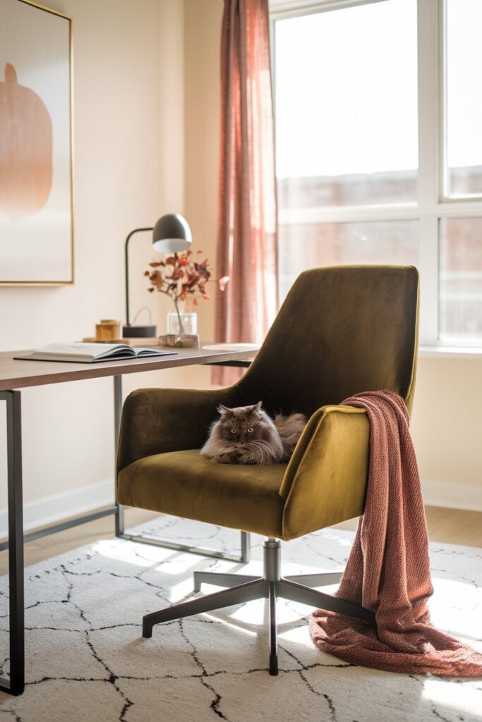 A stylish velvet desk chair in a home office with a cat sitting on it, surrounded by modern decor and soft lighting.